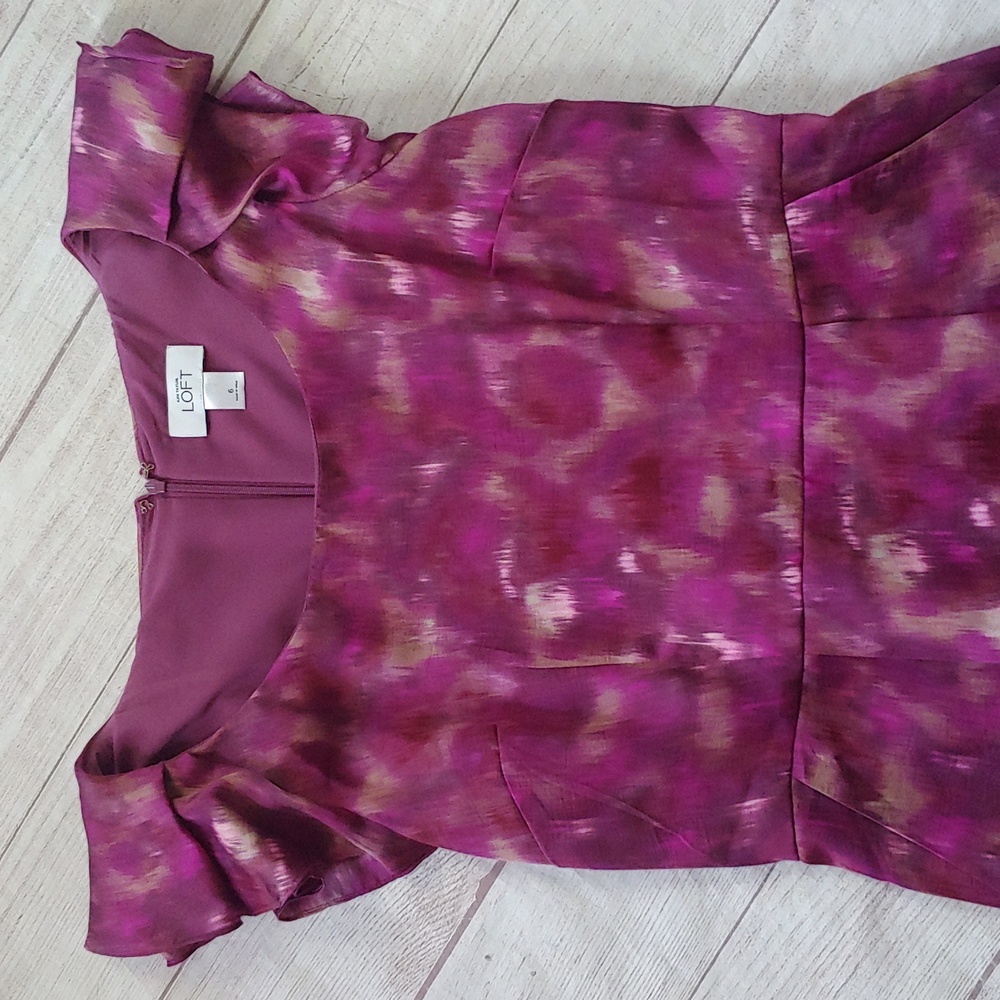 LOFT Pink and Purple Ruffled Dress with Puff Cap Sleeves - Picture 2 of 10